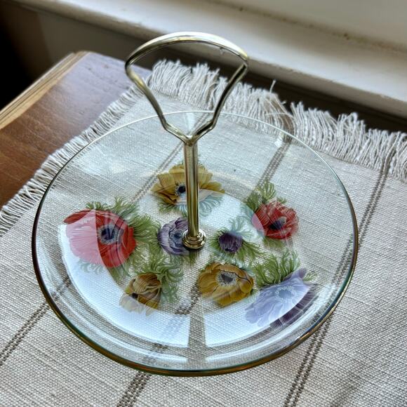 Vintage Chance Glass Anemone Flowers Pattern Small Tidbit Tray / Trinket Dish - Picture 12 of 14